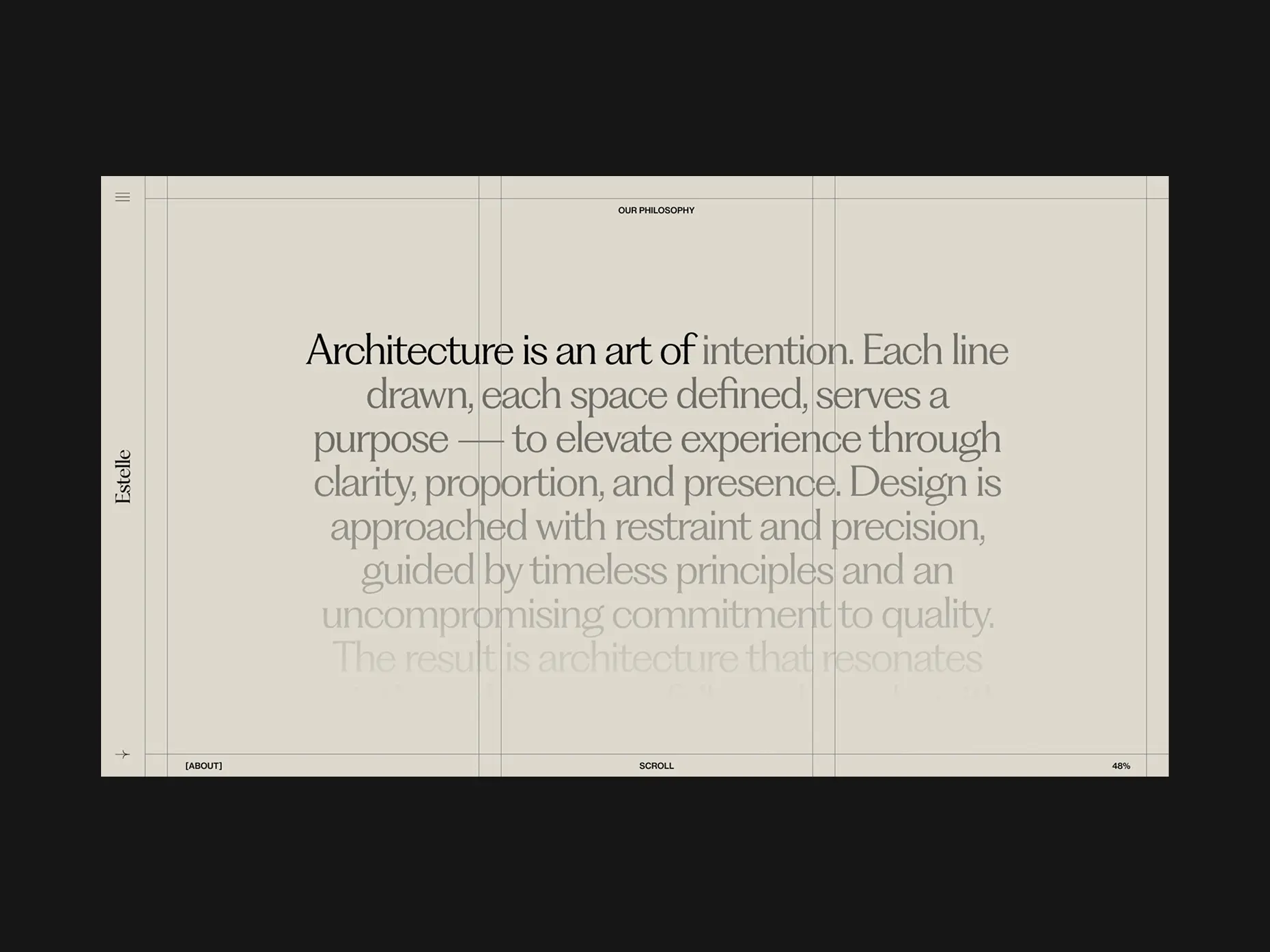 Minimalist webpage layout featuring a central quote about architecture emphasizing intention, clarity, proportion, and quality.