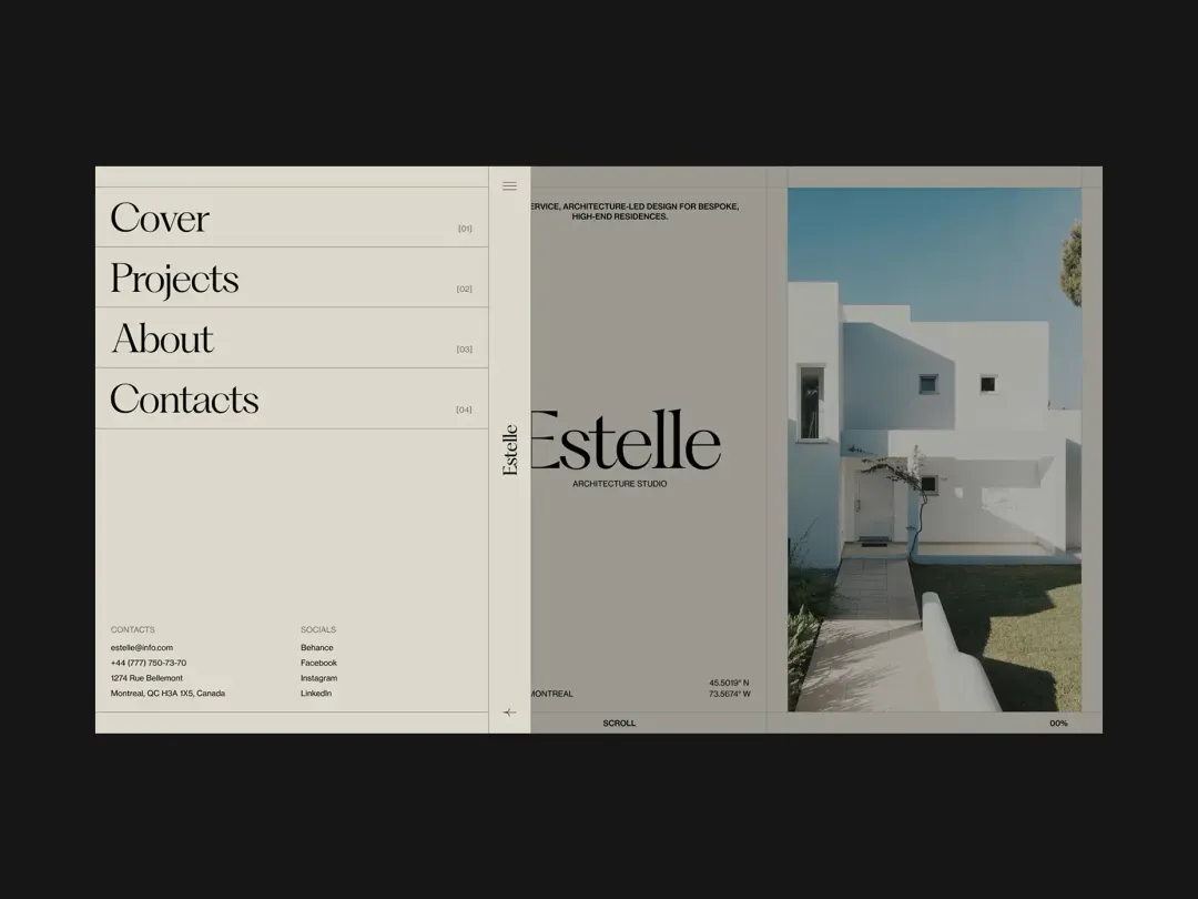 Website menu for Estelle Architecture Studio showing navigation options and a modern white house under clear sky.
