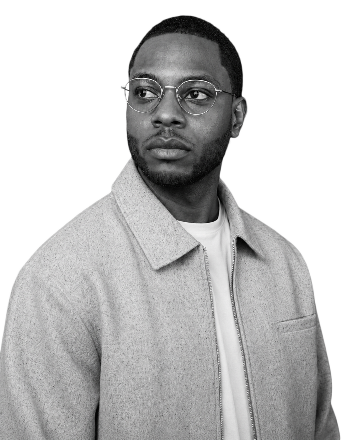 Black-and-white portrait of Nick wearing glasses and a light jacket.